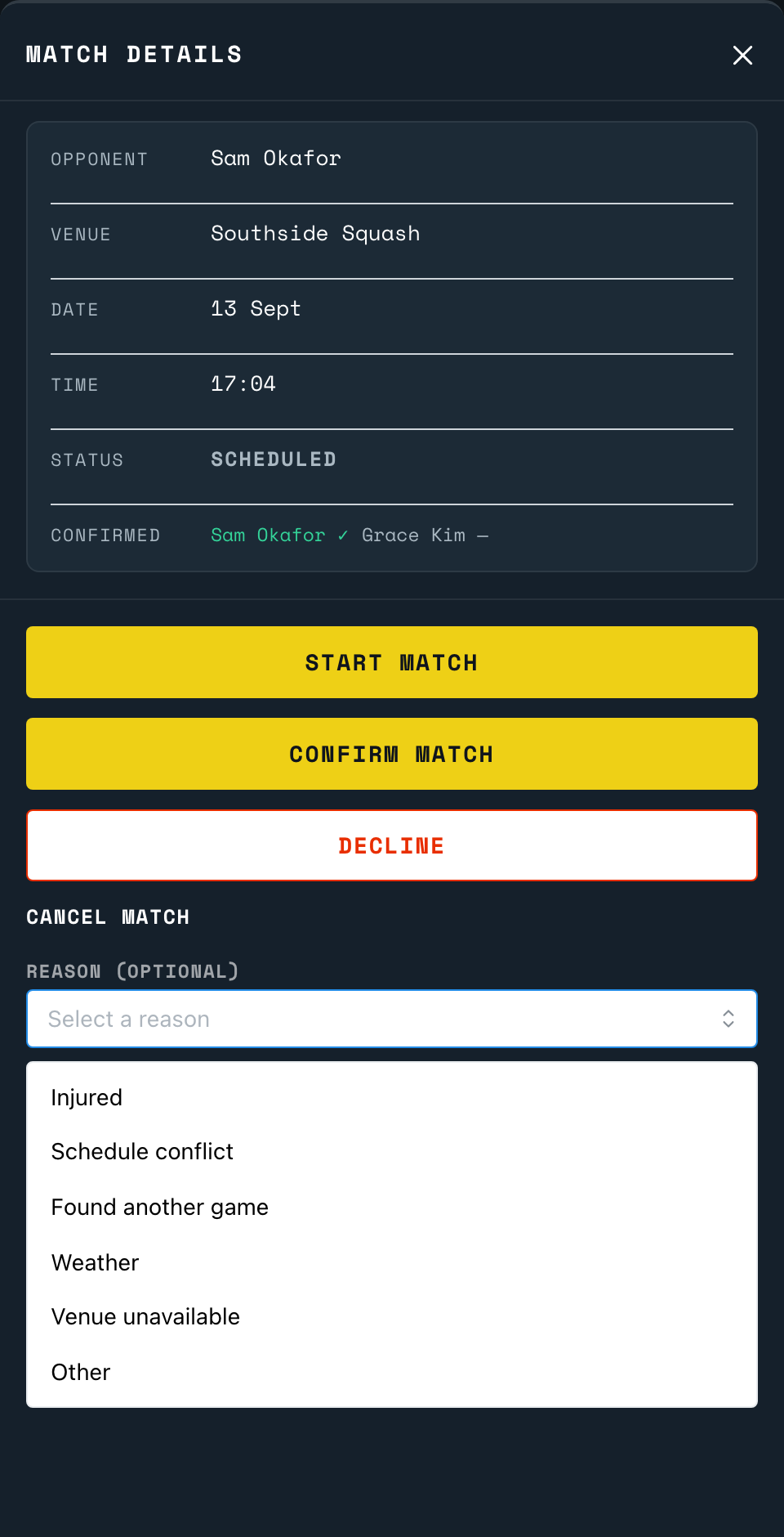 The cancel step for a scheduled match, with its list of reasons