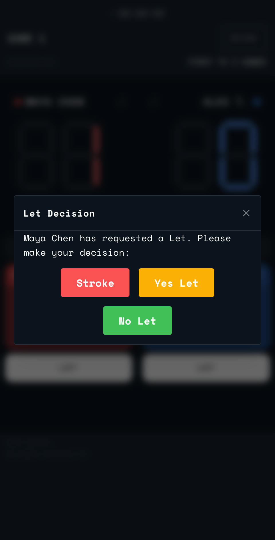 The Let Decision sheet on the referee screen