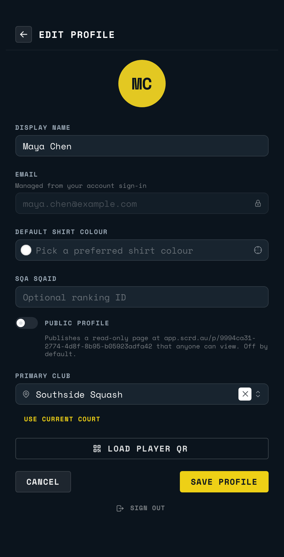 The edit profile page, with the Public profile switch