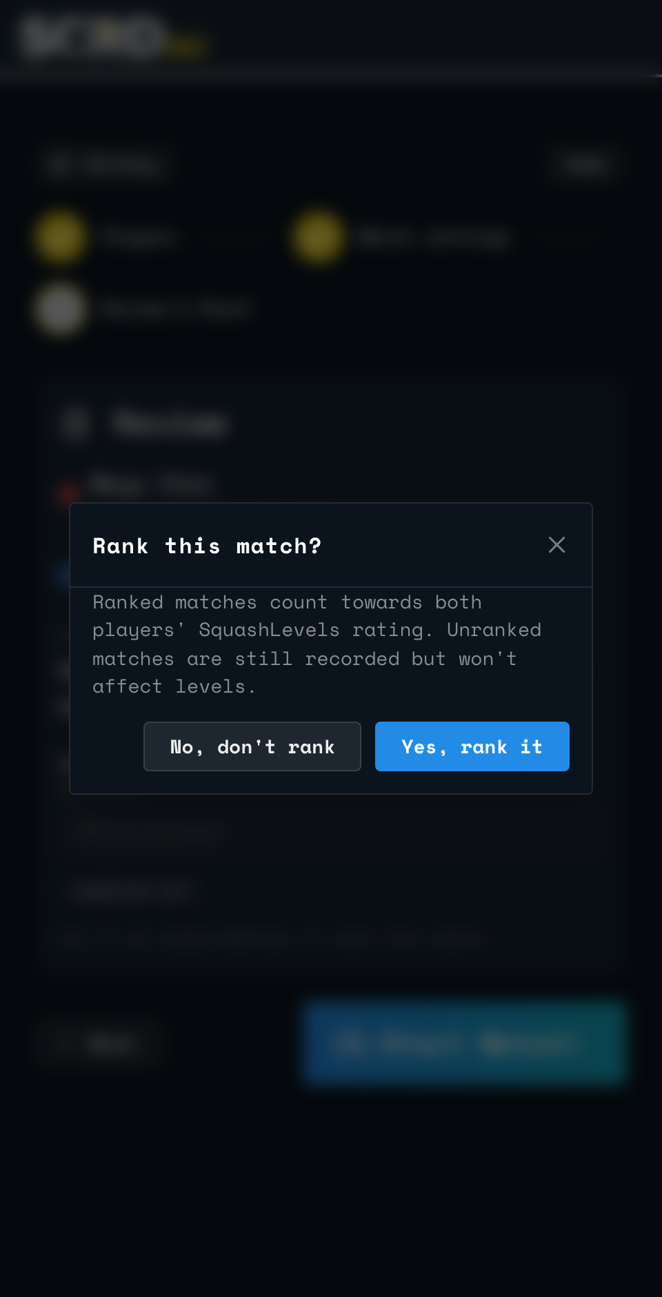 The Rank this match? prompt shown after tapping Start Match!