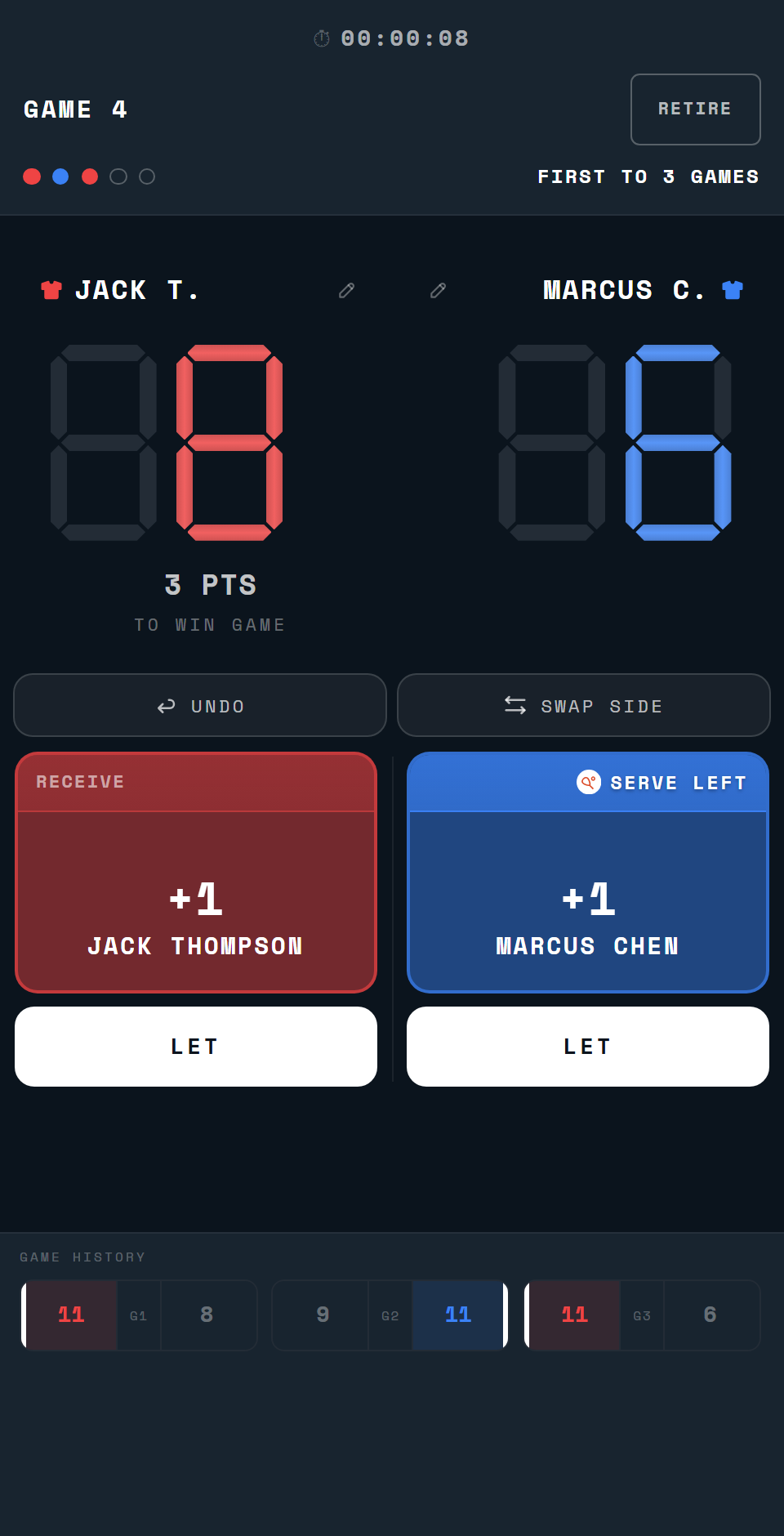 The referee screen on a phone during a game