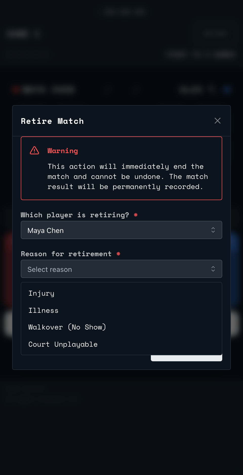 The Retire Match modal with its reason list open