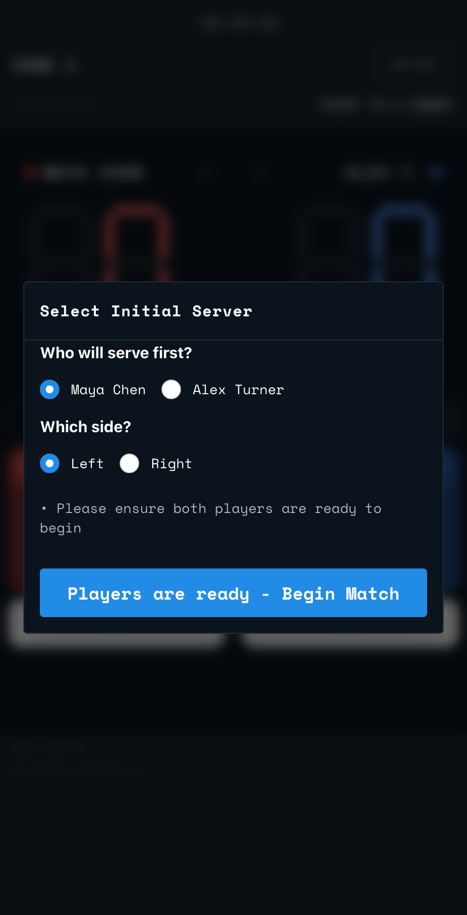 The Select Initial Server prompt on the referee screen