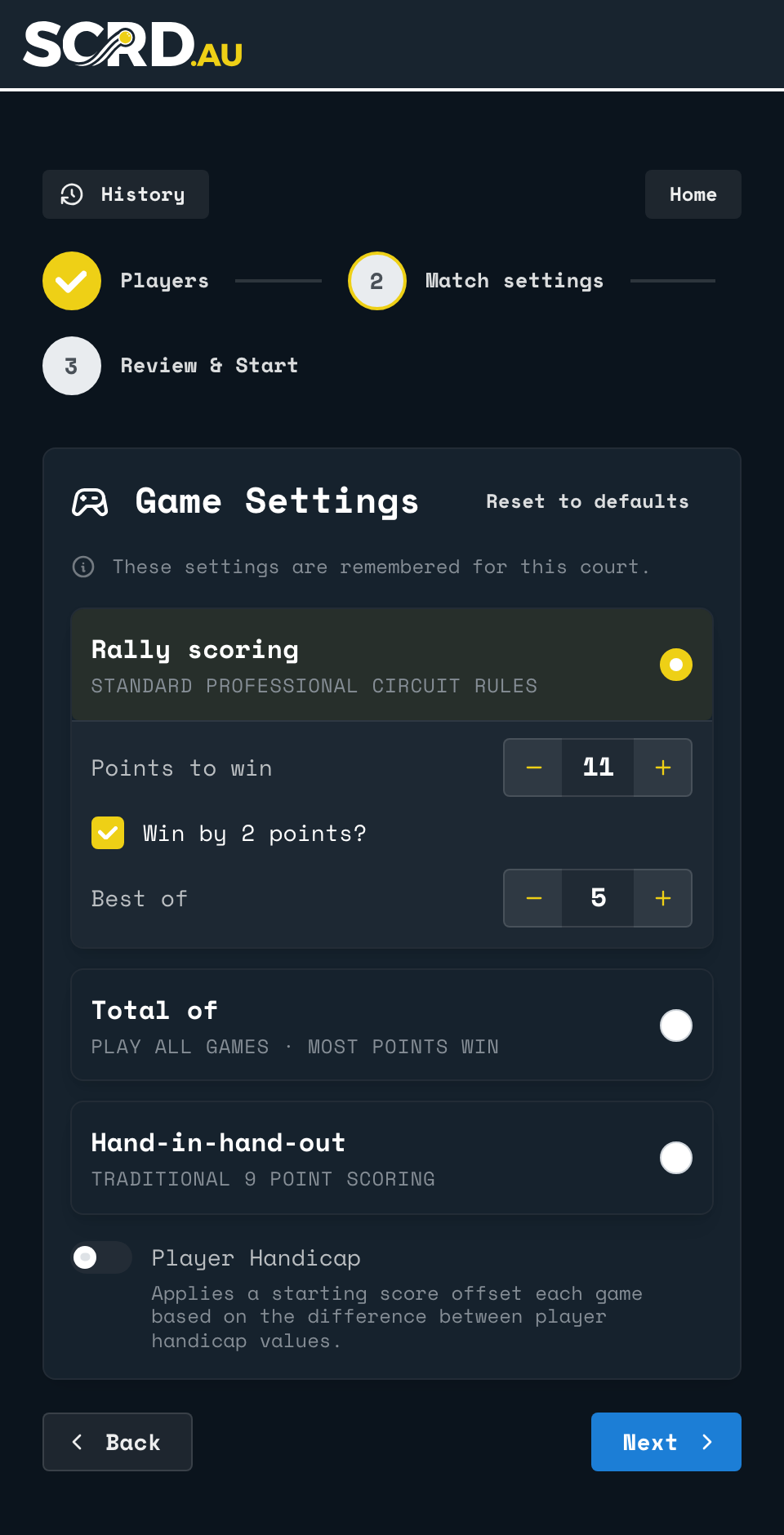 The Match settings step of setup, with Rally scoring selected