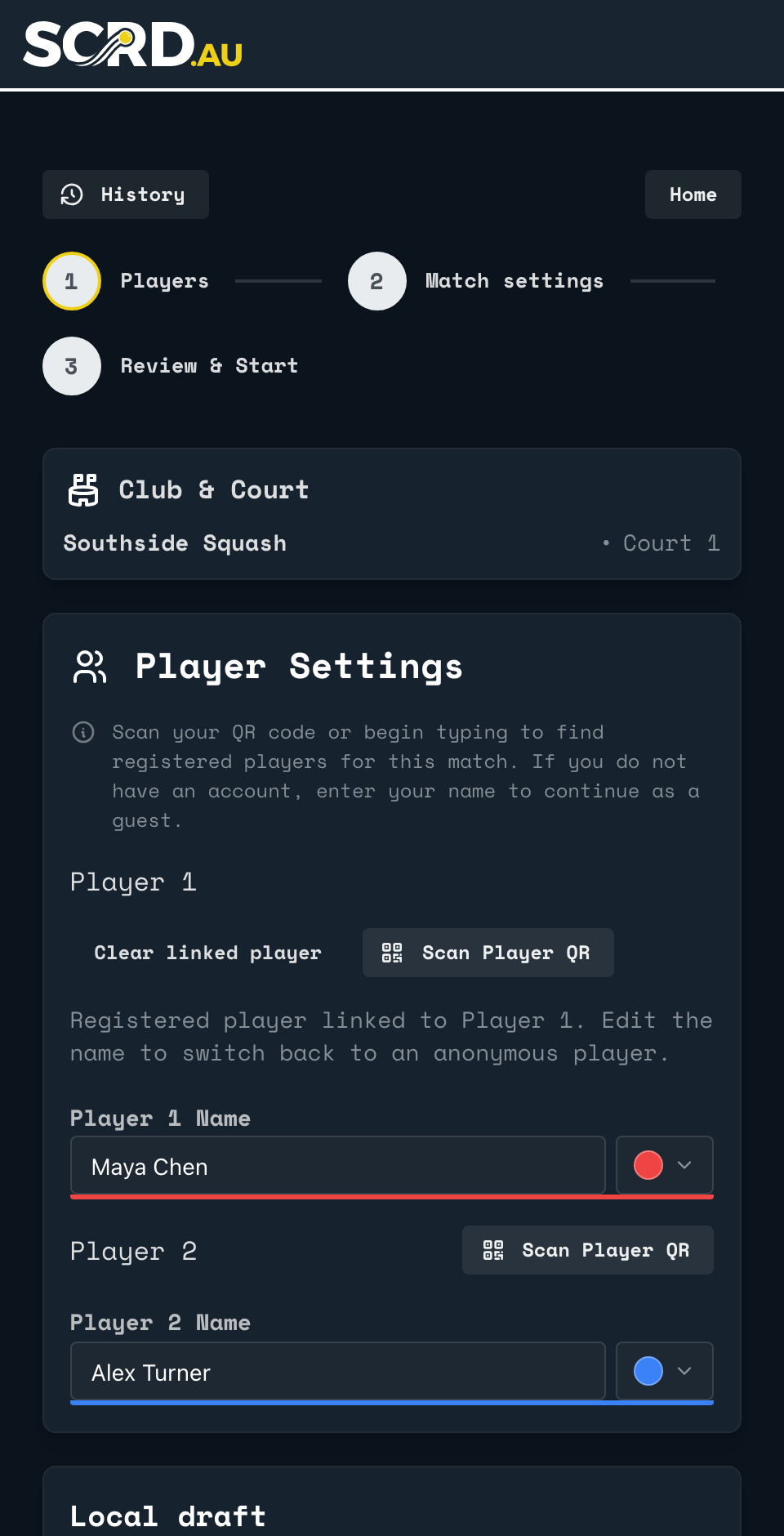 The Players step of match setup with one linked player and one guest